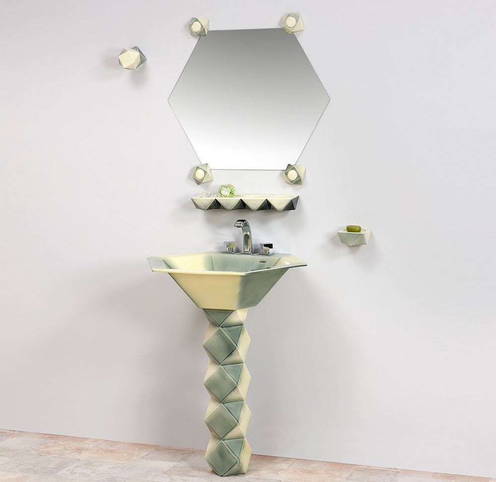 Collection Diamant : lavabo, étagère, miroir, porte-savon, luminaire