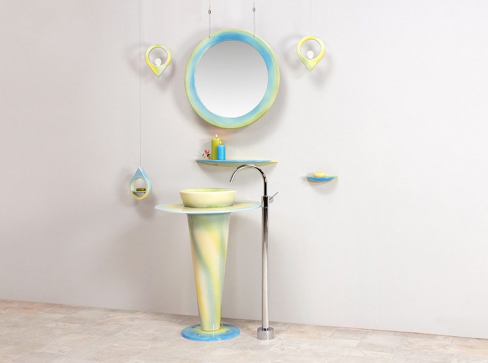 Collection Saturne : lavabo, suspension, miroir, étagère, porte-savon